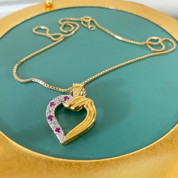 925 Heart Pendant Necklace Diamond Gold Tone - Picture 2 of 5